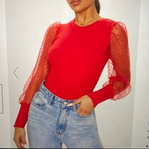 Pretty Little Thing Red Mesh Sleeve Bodysuit. Size S/M